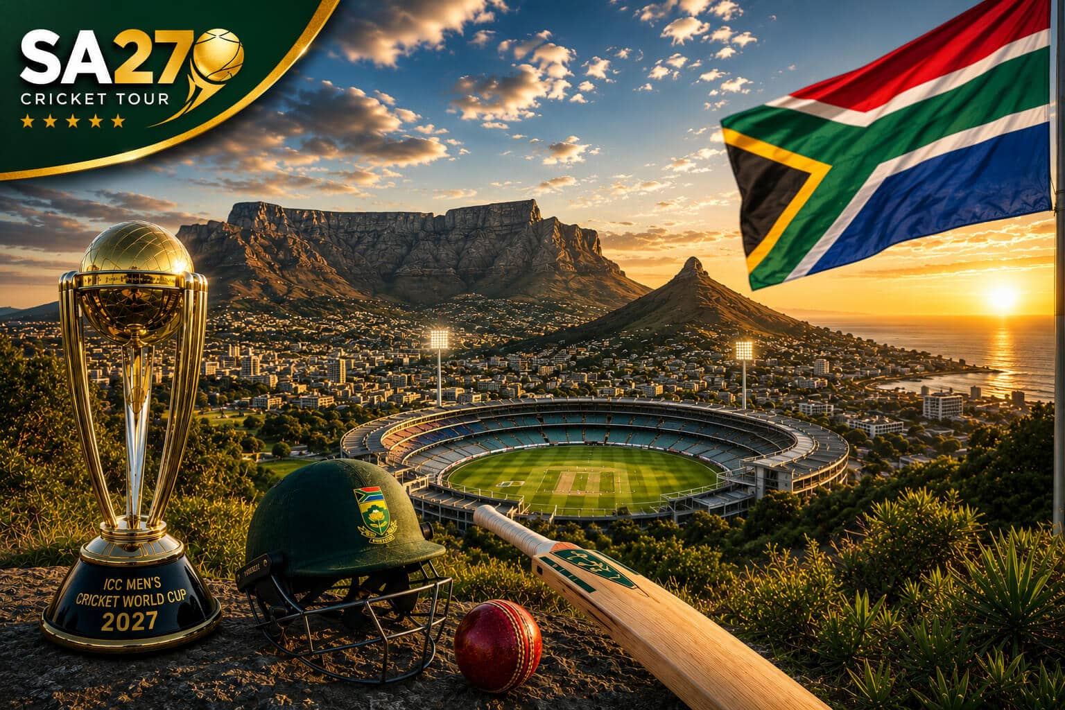 sa27-cape-town-cricket-world-cup-2027-premium SA27 Cape Town 2027 Cricket World Cup with Table Mountain, cricket stadium and South African flag