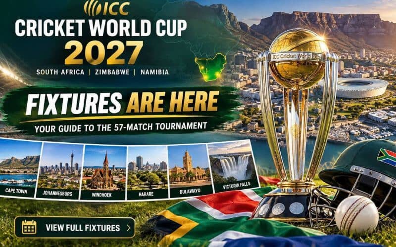 ICC -cricket- world- cup- 2027- cixtures- guide Cricket World Cup 2027 fixtures across South Africa, Zimbabwe and Namibia with the World Cup trophy and host cities